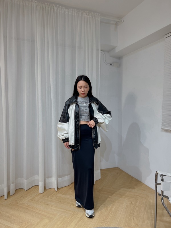 OVERSIZE撞色拼接皮革外套